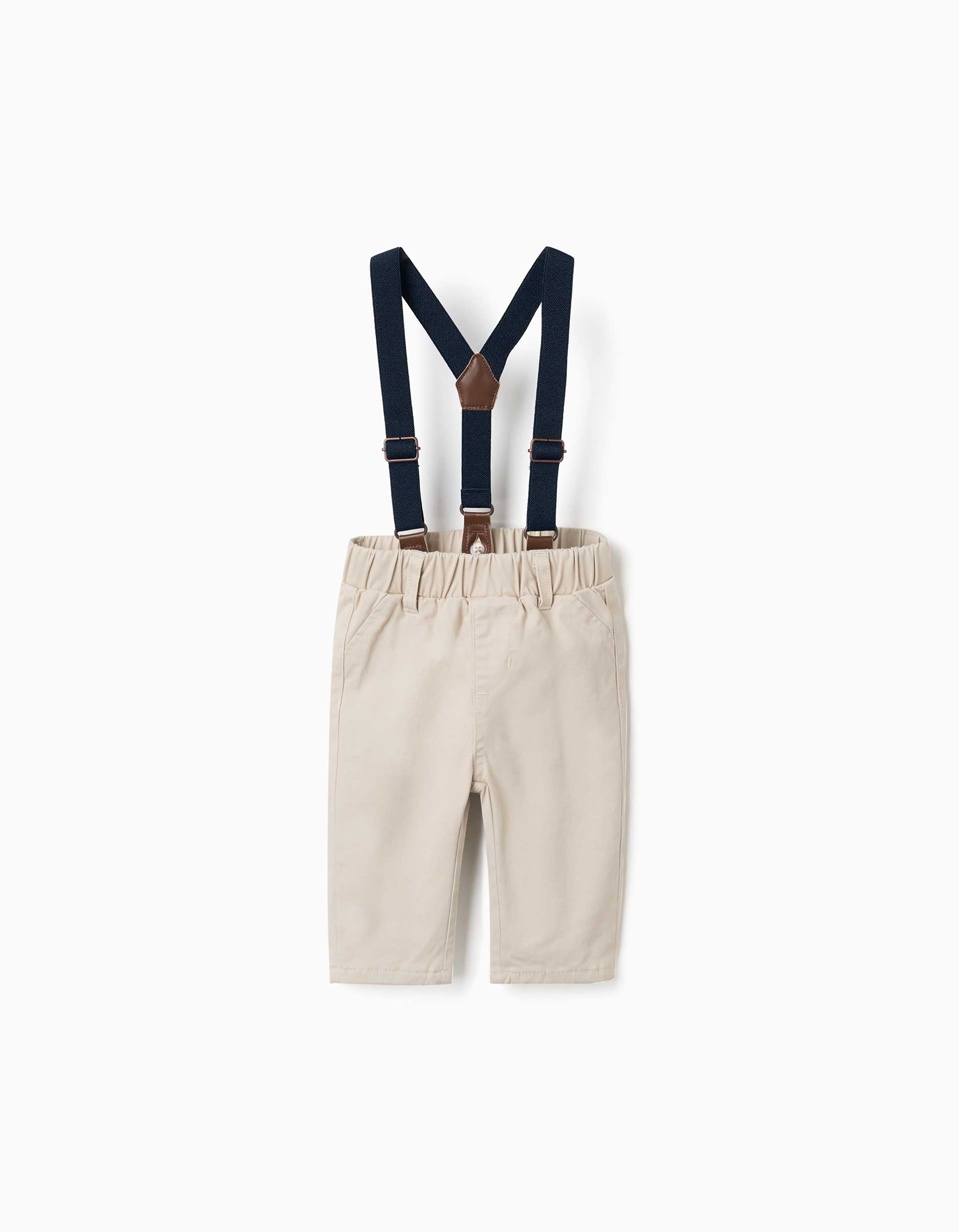 Twill trousers with braces for newborn boys, light beige