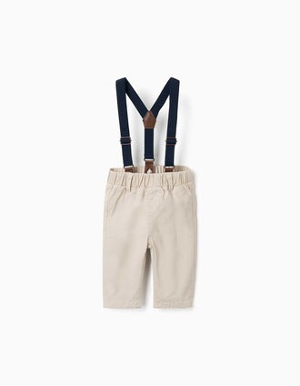 Twill trousers with braces for newborn boys, light beige