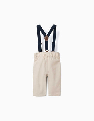 Twill trousers with braces for newborn boys, light beige