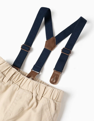 Twill trousers with braces for newborn boys, light beige