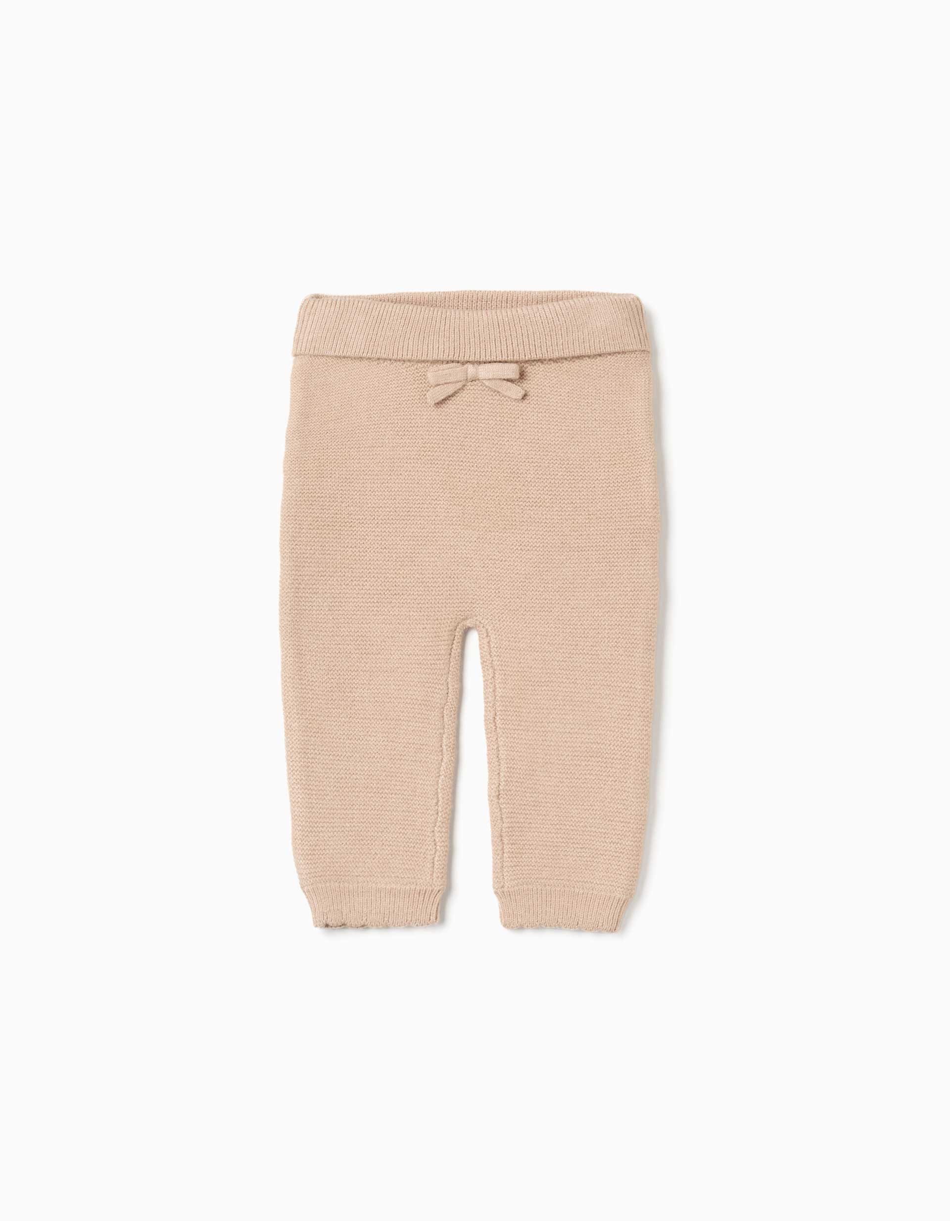 Knitted trousers with decorative bow for newborn girls, beige