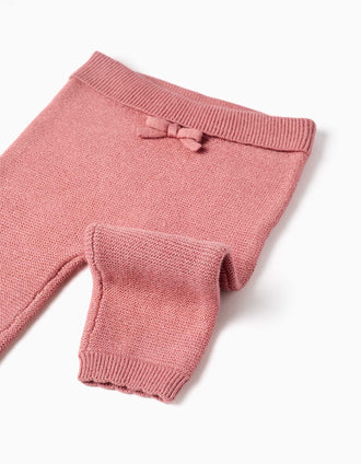 Knitted trousers with decorative bow for newborn girls, pink