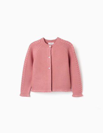 Knitted cardigan with cable details for girls, pink