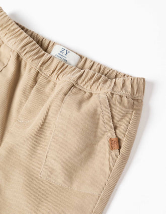Corduroy trousers with elastic waistband for newborn boys, beige