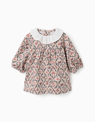 Long sleeve corduroy dress with floral pattern for newborn girls, beige