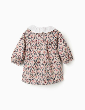 Long sleeve corduroy dress with floral pattern for newborn girls, beige