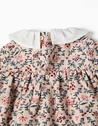 Long sleeve corduroy dress with floral pattern for newborn girls, beige