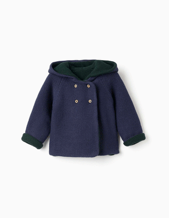 Reversible knitted jacket with hood for newborns, navy blue/dark green
