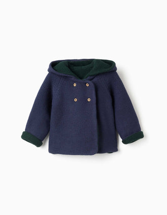 Reversible knitted jacket with hood for newborns, navy blue/dark green