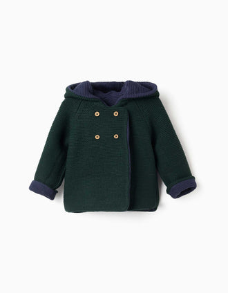 Reversible knitted jacket with hood for newborns, navy blue/dark green