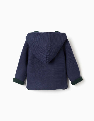 Reversible knitted jacket with hood for newborns, navy blue/dark green