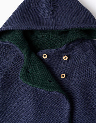 Reversible knitted jacket with hood for newborns, navy blue/dark green