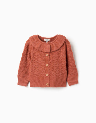 Cardigan en maille ajourée avec volants pour bébé fille, terracotta