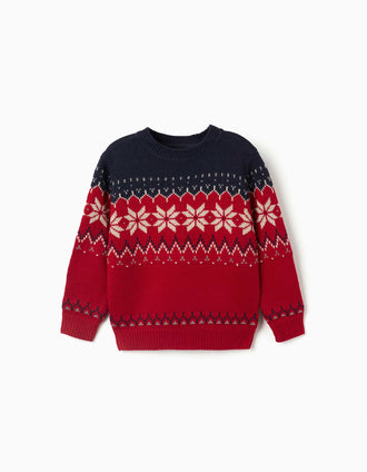 Pull en maille avec jacquard pour garçon, bleu marine/rouge