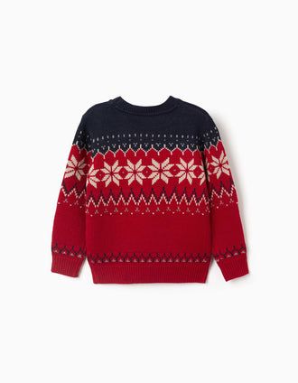 Pull en maille avec jacquard pour garçon, bleu marine/rouge