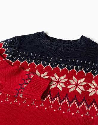 Pull en maille avec jacquard pour garçon, bleu marine/rouge