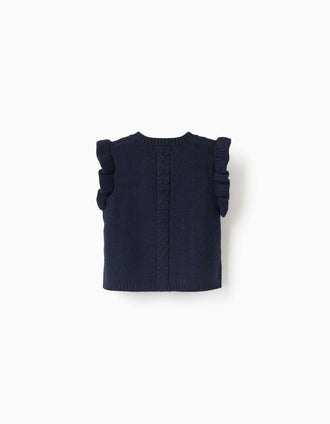 Colete em malha entrançada com folhos para bebé menina, azul-marinho