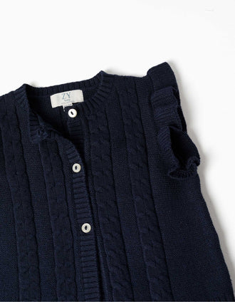 Colete em malha entrançada com folhos para bebé menina, azul-marinho