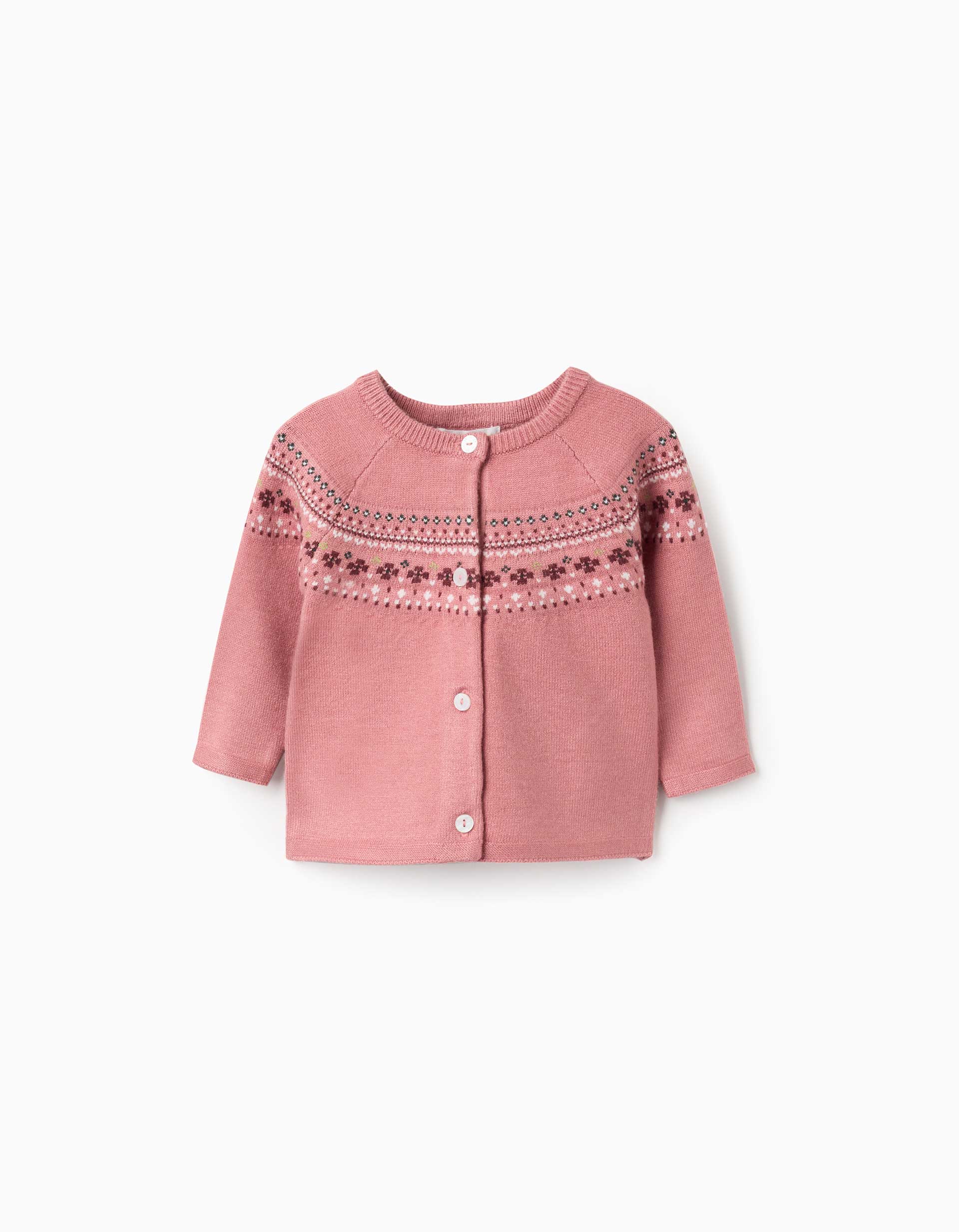 Knitted cardigan with jacquard pattern for newborn girls, dusty pink