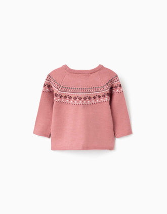Knitted cardigan with jacquard pattern for newborn girls, dusty pink