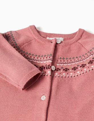 Knitted cardigan with jacquard pattern for newborn girls, dusty pink