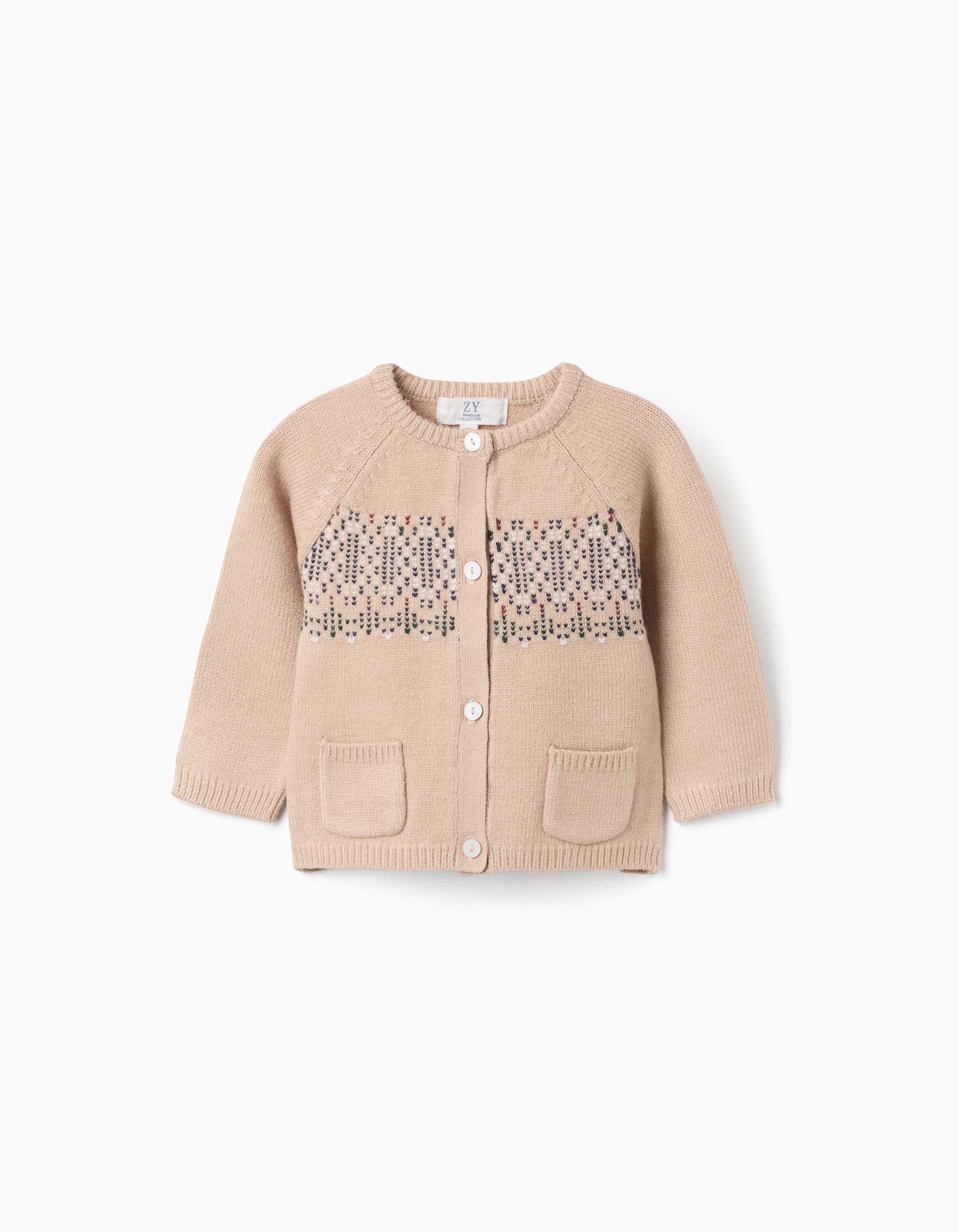 Knitted cardigan with jacquard pattern for newborns, beige