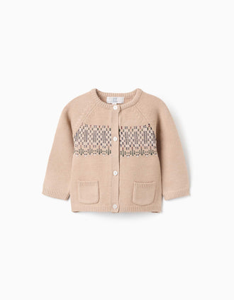 Knitted cardigan with jacquard pattern for newborns, beige