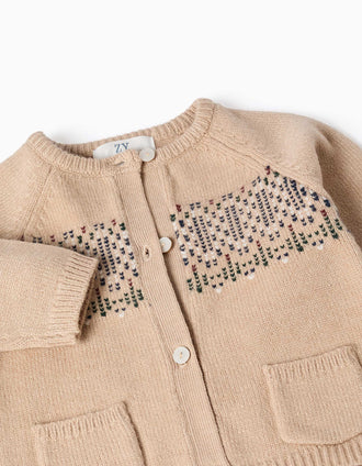 Knitted cardigan with jacquard pattern for newborns, beige