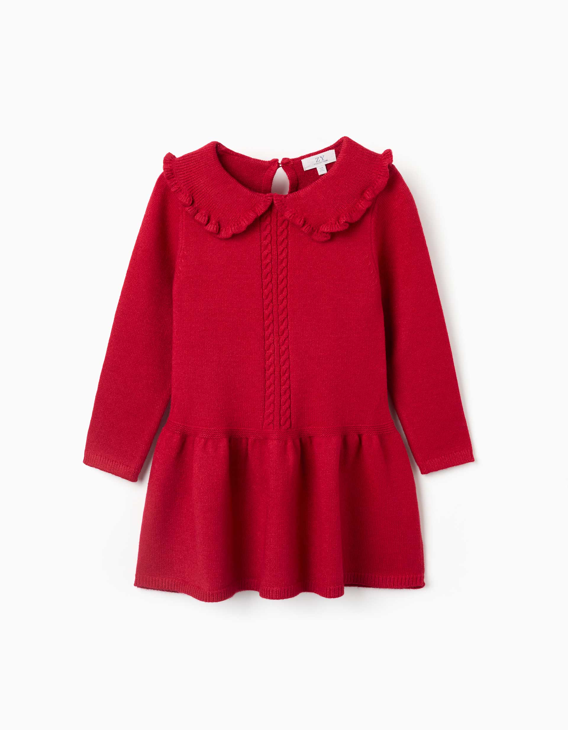 Vestido de malha de manga comprida com folhos para menina, vermelho