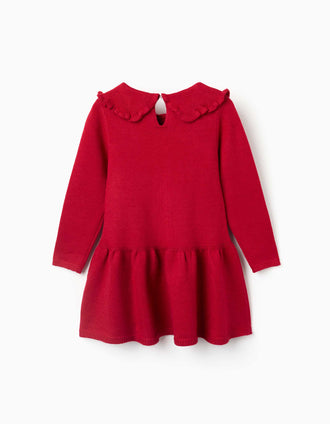 Vestido de malha de manga comprida com folhos para menina, vermelho