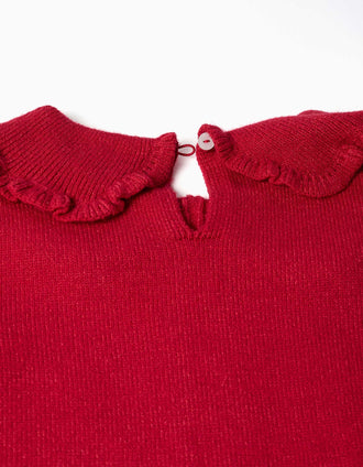 Vestido de malha de manga comprida com folhos para menina, vermelho