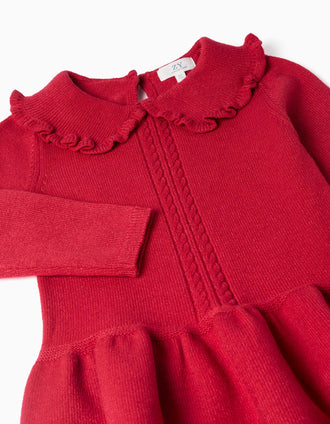 Vestido de malha de manga comprida com folhos para menina, vermelho