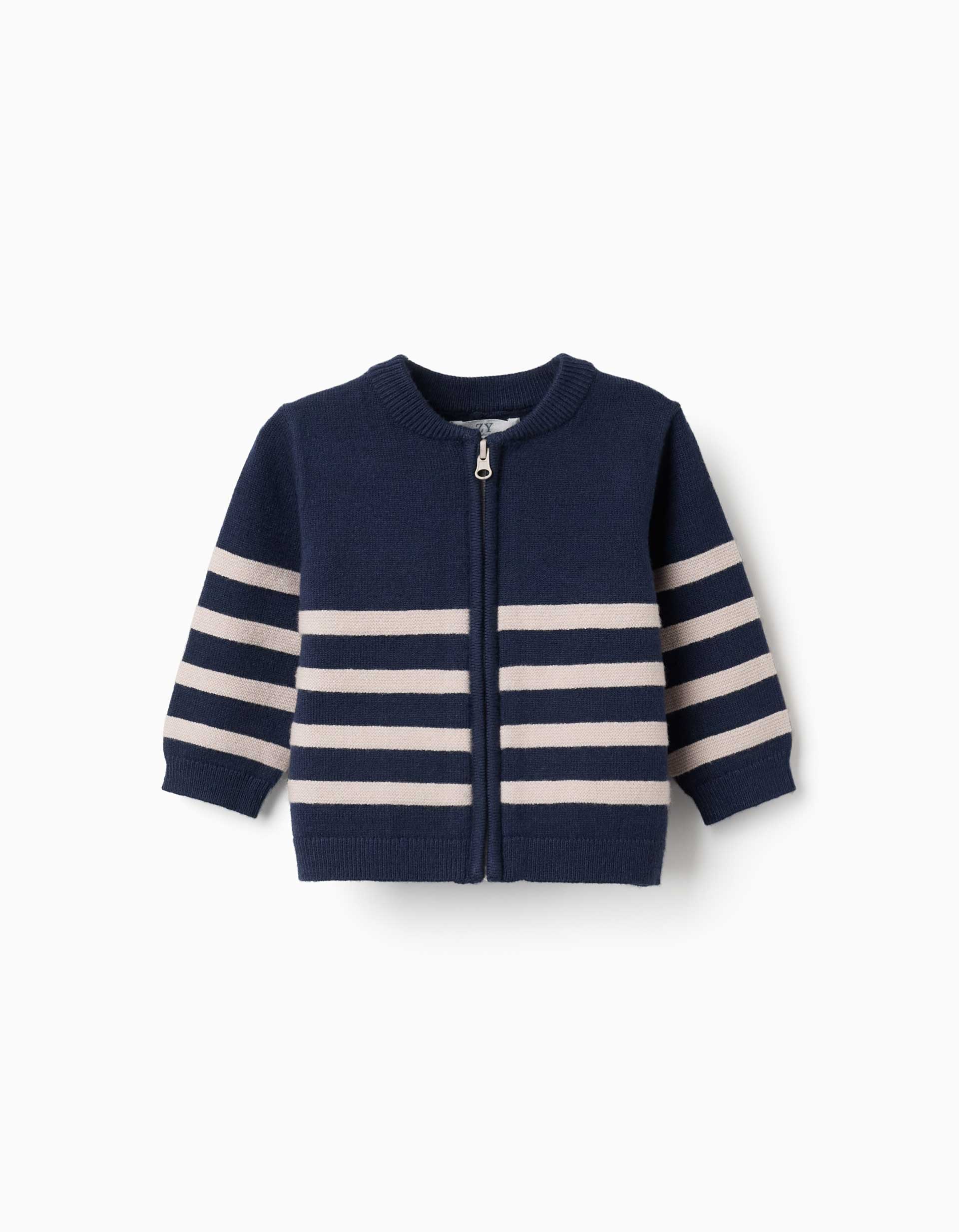 Striped knitted cardigan for newborn boys, navy blue/beige