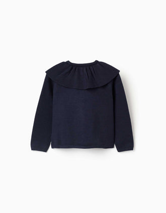 Cardigan en maille avec maxi col à volants pour fille, bleu marine