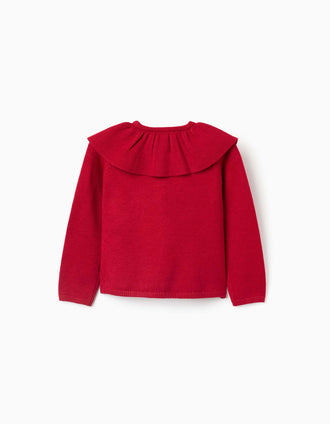 Cardigan de malha com maxi gola com folhos para menina, vermelho