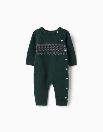 Pelele de punto con jacquard para recién nacido, verde oscuro