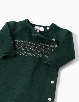 Pelele de punto con jacquard para recién nacido, verde oscuro