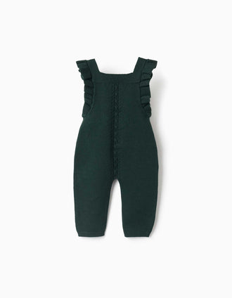 Peto de punto con tirantes con volantes para recién nacida, verde oscuro