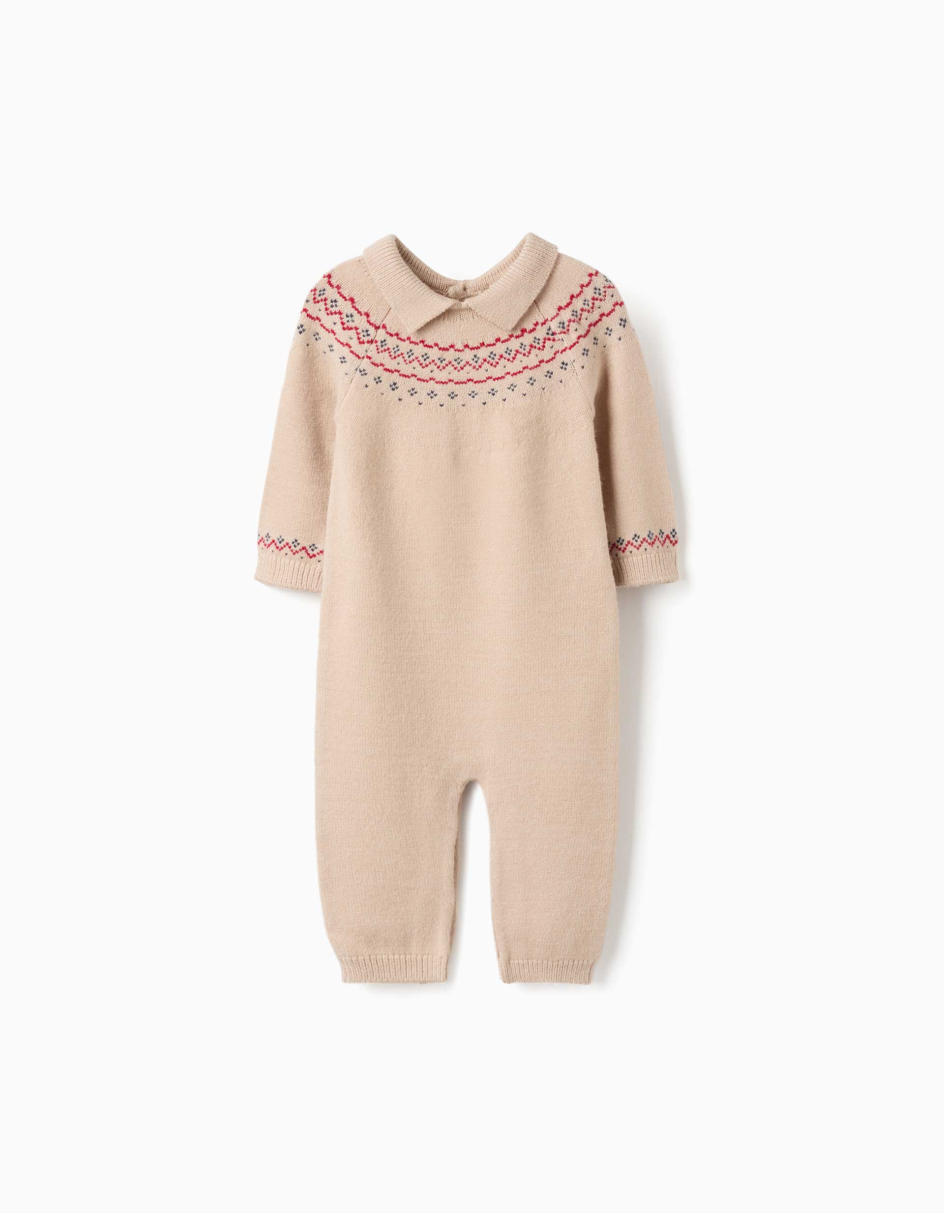 Macacão de manga comprida de malha com jacquard para recém-nascido, bege