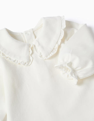 Body de manga comprida de algodão com folhos para recém-nascida, branco
