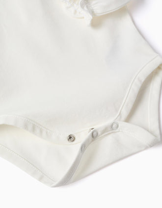 Body de manga comprida de algodão com folhos para recém-nascida, branco