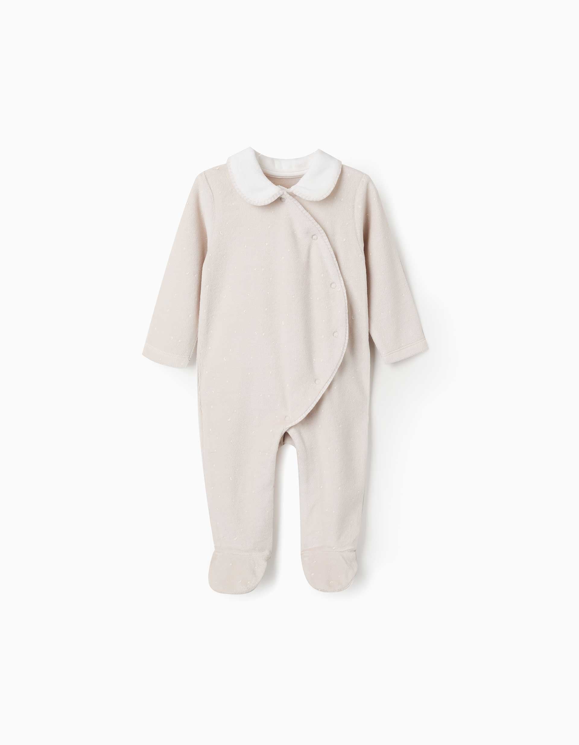 Pijama pelele de terciopelo estampado para recién nacidos, beige/blanco