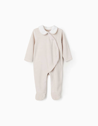 Pijama pelele de terciopelo estampado para recién nacidos, beige/blanco