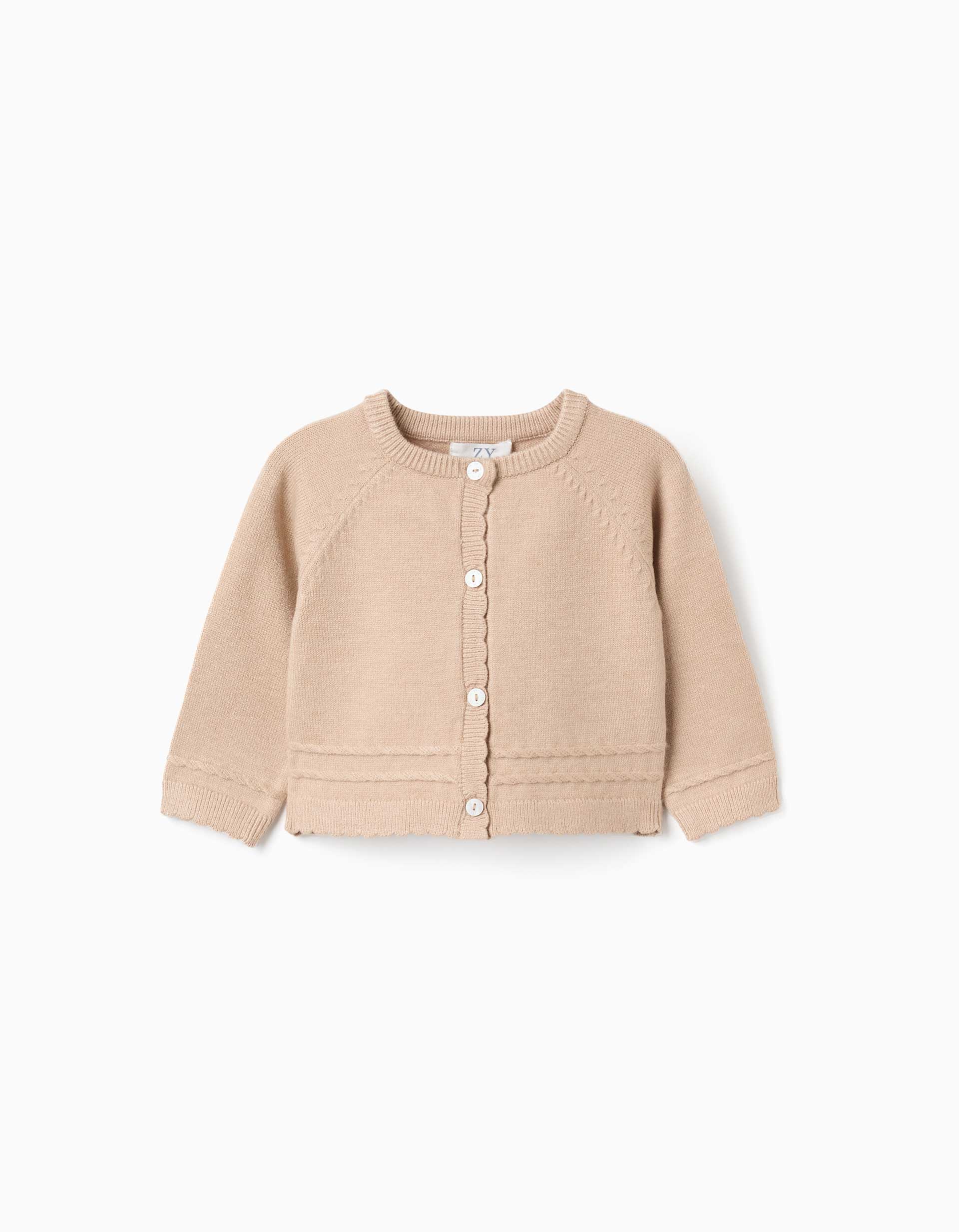 Cárdigan de punto con extremos festoneados B&S para recién nacida, beige