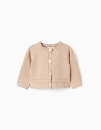 Cárdigan de punto con extremos festoneados B&S para recién nacida, beige