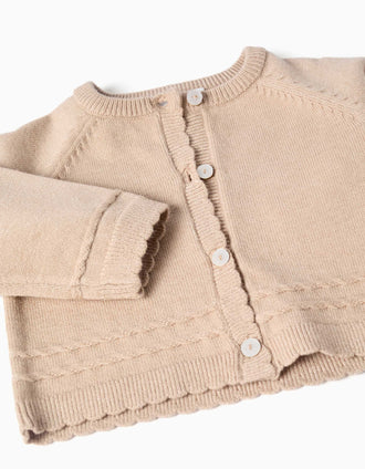 Cárdigan de punto con extremos festoneados B&S para recién nacida, beige