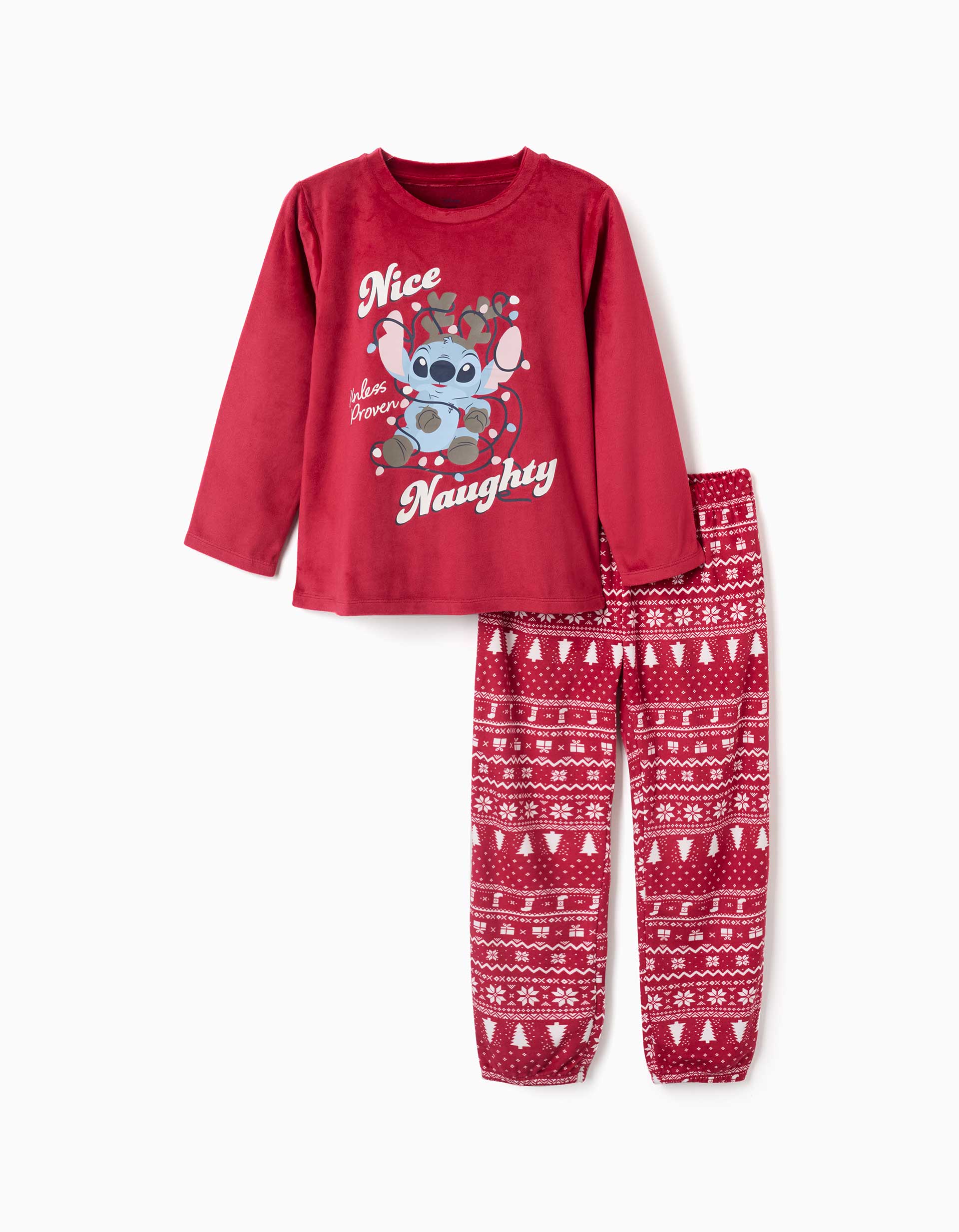 Pijama comprido de veludo com estampado Stitch para menina, vermelho