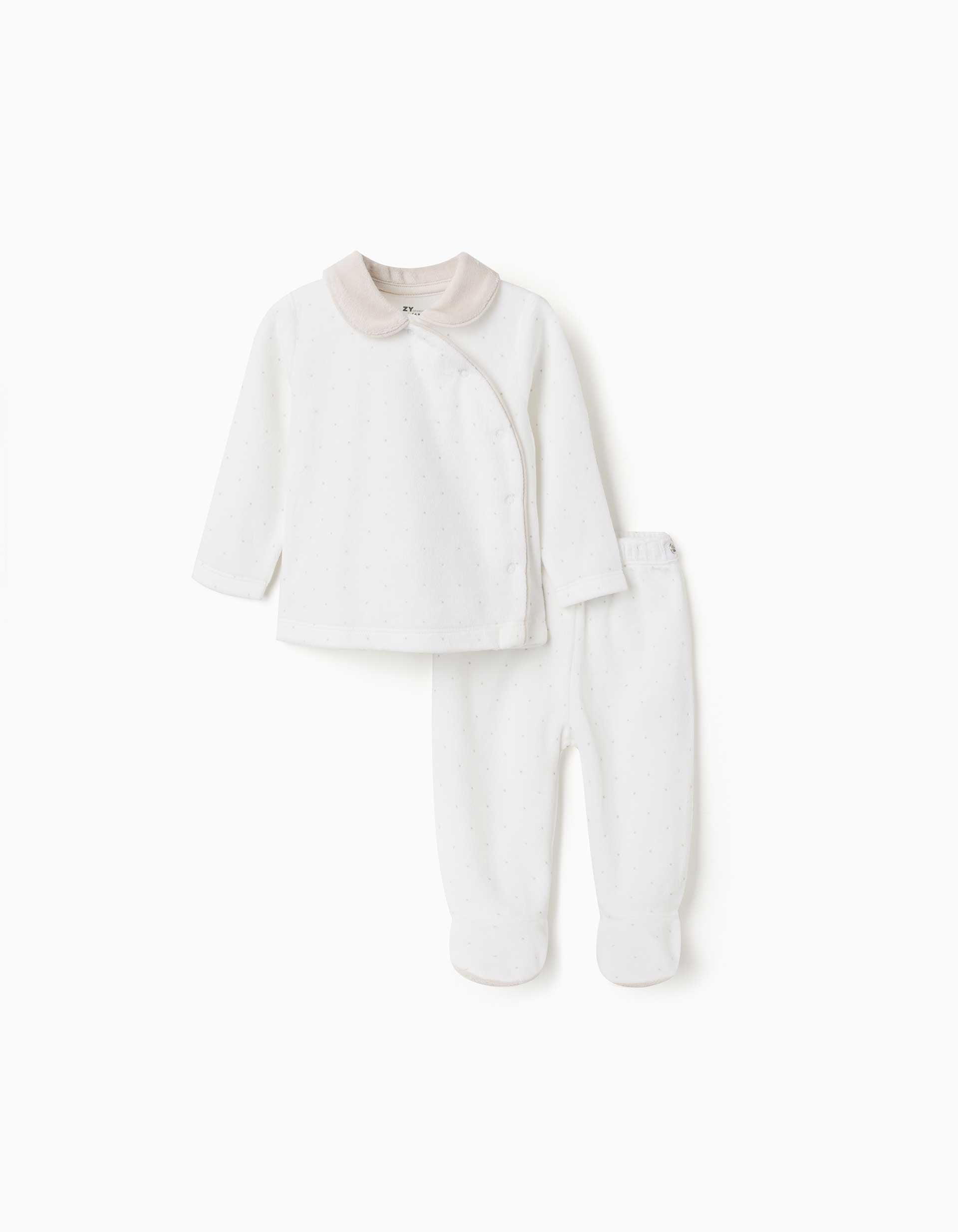 Pijama de terciopelo con estampado de lunares para recién nacidos, blanco/beige
