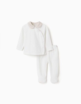 Pijama de terciopelo con estampado de lunares para recién nacidos, blanco/beige