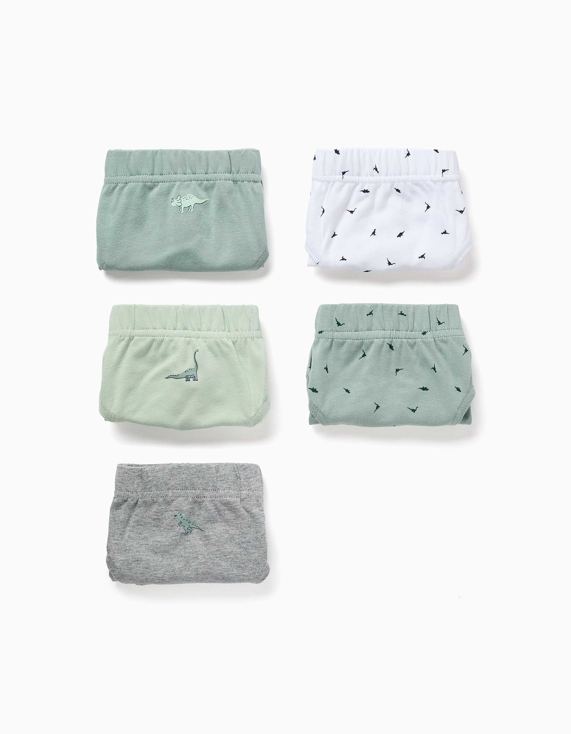 5 cuecas de algodão com dinossauros para menino, verde/cinza/branco